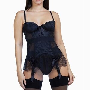 NEW Bettie Page Tempest Lace Basque Sz 34DDD Black Garter Corset Lingerie NWT